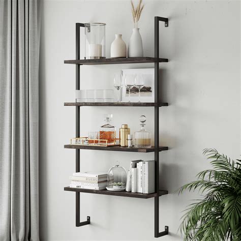 Theo 4 Shelf Bookcase Floating Wall Mount Natural Wood Industrial Pipe