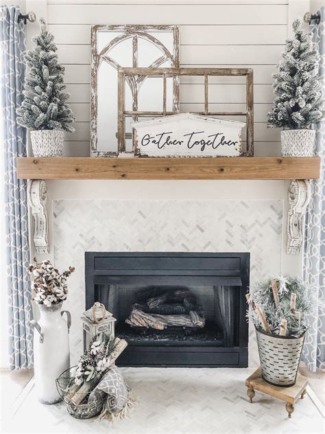 Cozy Winter Living Room Decor Fireplace With Flocked Trees And Birch