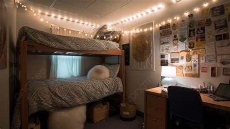 Dorm Room Decorated With String Lights And A Desk And Bunk Beds