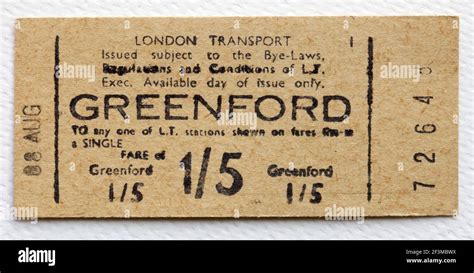 1950s London Transport Underground Or Tube Train Ticket From Greenford