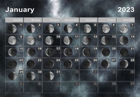 Janvier 2023 Lunaire Calendrier Lunaire Cycles Lune Illustration Stock