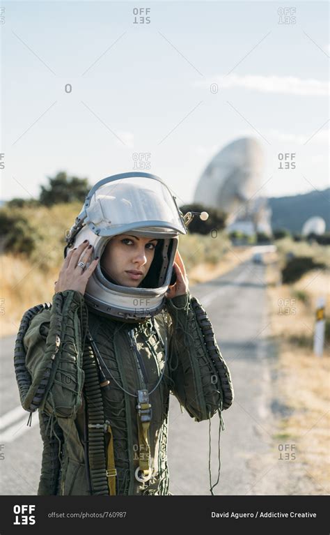 Beautiful Woman Posing Dressed As An Astronaut Stock Photo Offset