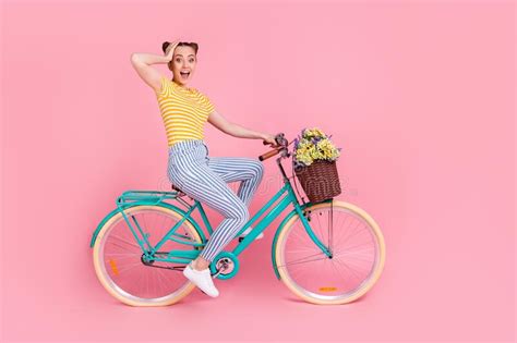 Full Size Profile Photo Of Impressed Nice Brunette Lady Ride Bicycle