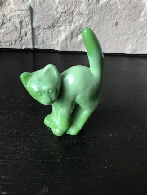 Vintage Cat Figurine Green Cat Carved Figurine Halloween Etsy