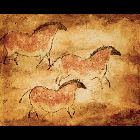 Three Horses Are Depicted In This Painting On A Cave Wall Painted With