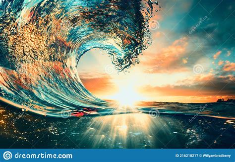 sunset ocean surfing wave lip against sunlight stock image image of beach barrel 216218217