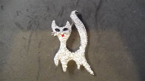 Large Rhinestone Cat Pin Clear Black And Red Rhinestones On Etsy