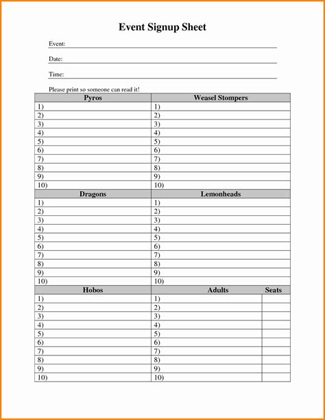 Free Printable Snack Sign Up Sheet