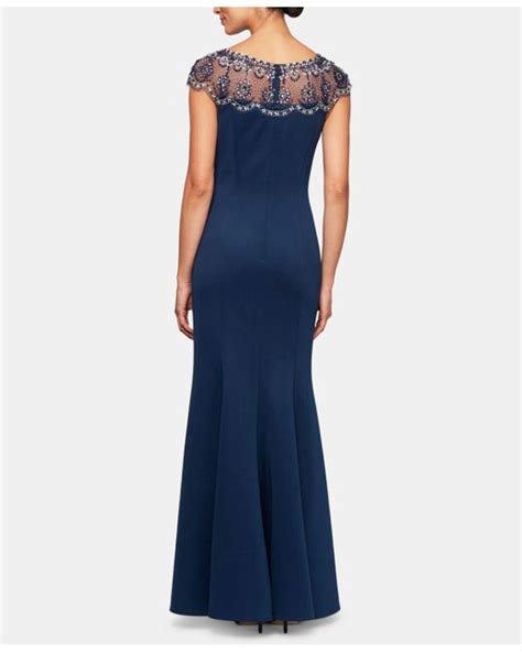 Alex Evenings Beaded Illusion Neckline Cap Sleeve A Line Crepe Gown In