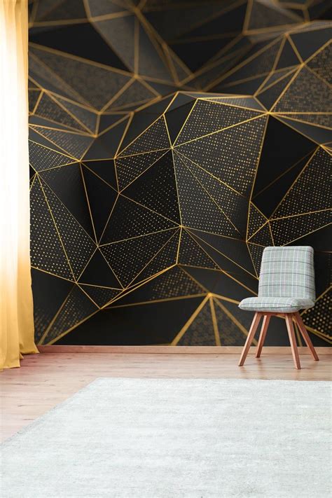 Geometric Wallpaper With Gold And Black Shapes Self Adhesive Peel And