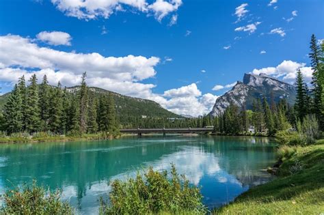 Premium Photo Town Of Banff Bow River Trail Scenery In Summer Sunny