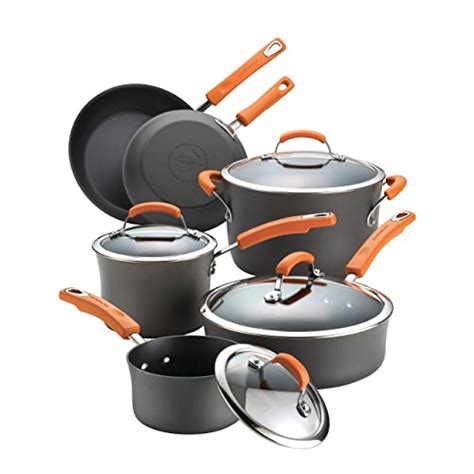 pots pans dishwasher safe cookware ray rachael hard amazon brights anodized nonstick handles gray orange piece