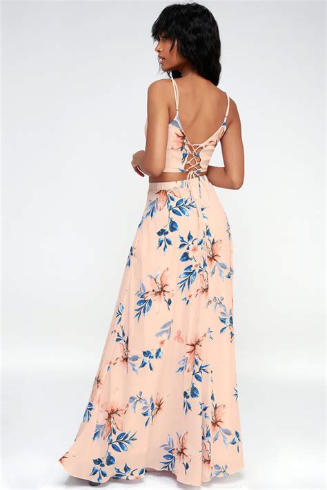 Light Peach Dress Floral Maxi Dress Two Piece Dress Lulus
