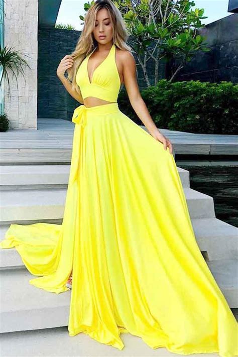 Two Piece Prom Dresses A Line Yellow Simple Cheap Long Prom Dress Sexy Anna Promdress