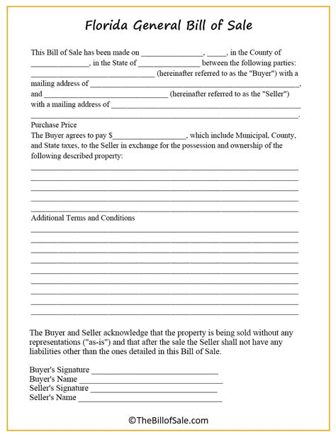 Florida Bill Of Sale Form For General Car Vehicle And Dmv Pdf