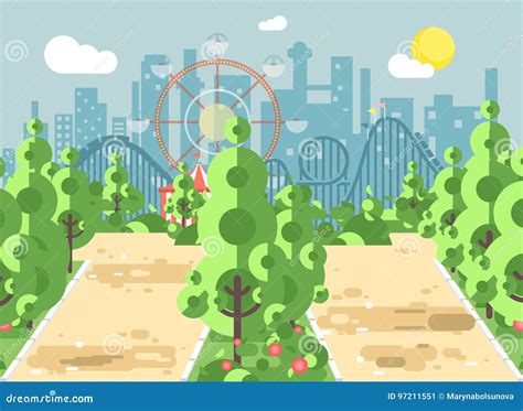 Vector Illustration Of Scene Landscape Alley Pavement Trees And