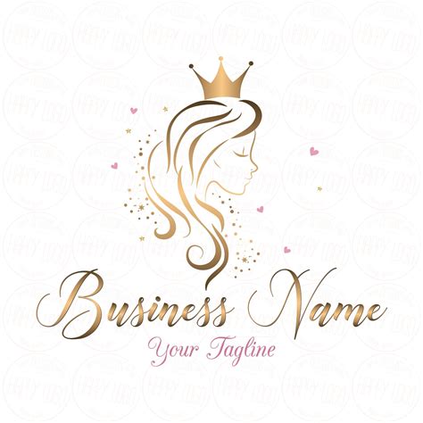 Digital Custom Logo Design Hair Crown Beauty Logo Gold Girl Long Hair