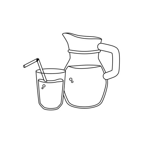 Jug And Glass With Liquid In The Outline Style On A White Isolated
