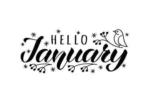 Hello January Hand Drawn Lettering Card With Doodle Snowlakes And Bird