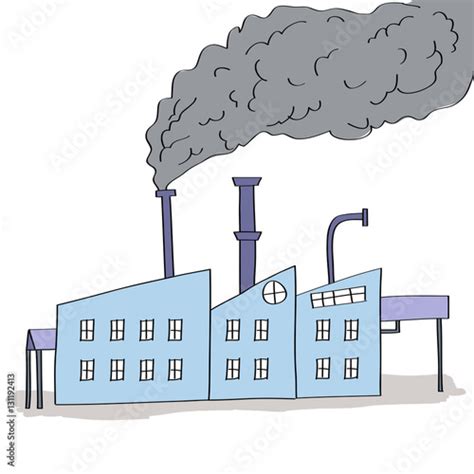 Hand Drawn Illustration Of Factory With Black Smoke Rising From Chimney
