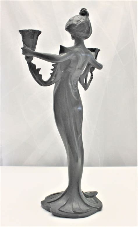 Antique Cast Metal Art Nouveau Figural Candle Holder Of A Robed Female