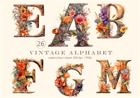 Vintage Alphabet Watercolor Png 26 Floral Letters Clipart Etsy