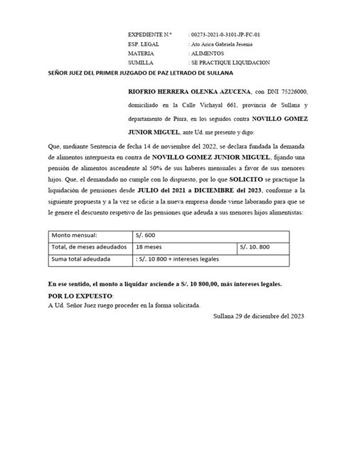 Modelo De Escrito Solicitando Liquidacion De Pensiones Devengadas De