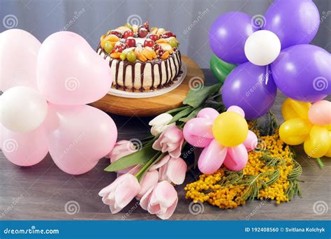 Happy Birthday Cake With Flowers And Balloons