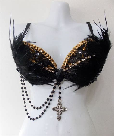dark angel rave bra dance wear gold spikes sequin crystal chain rosary black feathers