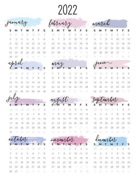 Watercolor One Page 2022 Calendar World Of Printables
