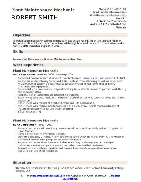 Plant Maintenance Mechanic Resume Samples Qwikresume