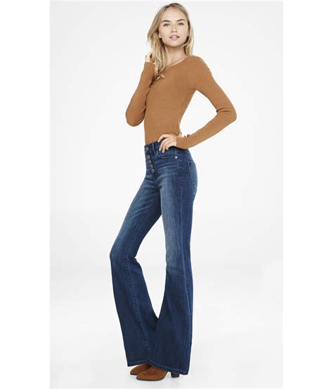 Express High Waisted Button Fly Bell Flare Jean In Blue Lyst