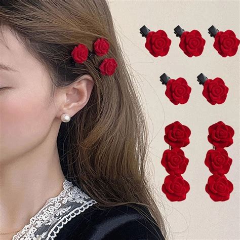 women retro flocked red rose hair clips velvet rose small flower hairpins side bangs clip