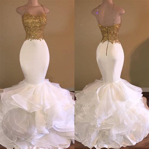 Amazing Gold And White Prom Dress Spaghettis Straps Rhinestones Lace