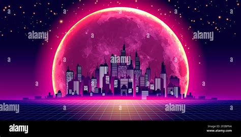 Retro City Skyline In 80s Style Neon Glowing Moon And Starry Sky
