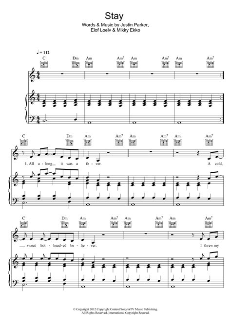 Stay Sheet Music Rihanna Piano Vocal And Guitar Chords Right Hand Melody