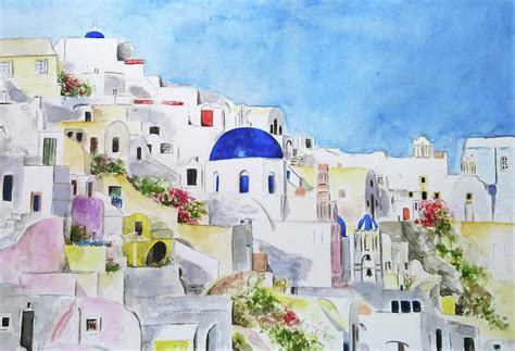 Santoroni Greece Aegean Sea Watercolor Painting Painting By Color Color