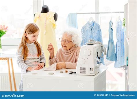Granny Sewing With Granddaughter Stock Image Image Of Grandmother Female