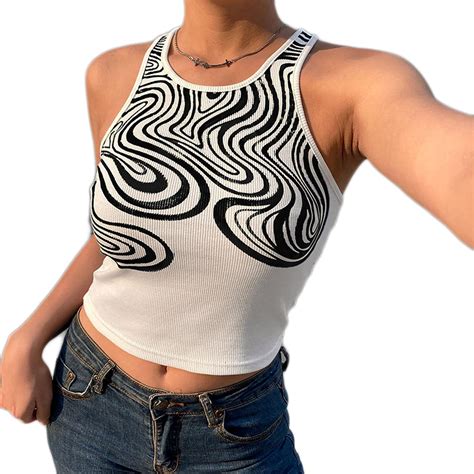 Women Color Block Yin And Yang Tank Tops Y2k 90s Contrast Stitch Sleeveless Crop Tops Vintage