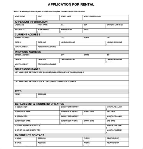A completed lease application form. Sample Rental Application Form - cnbam