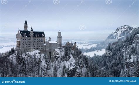 Aerial View Of The Historic Neuschwanstein Castle On A Snowy Hill In