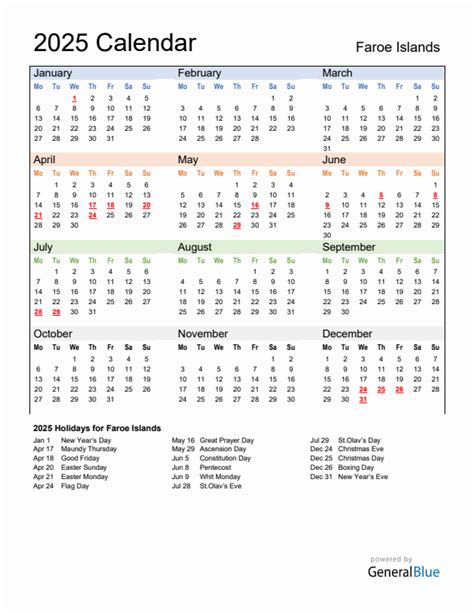 Annual Calendar 2025 With Faroe Islands Holidays