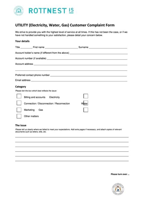Utility Electricity Water Gas Customer Complaint Form Printable Pdf