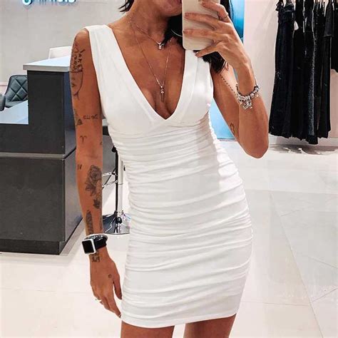 Sexy Wide Strap Deep V Neck Plunge Ruched Bodycon Dress Sunifty