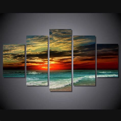5 Pcsset Framed Hd Dicetak Sunset Pantai Gelombang Gambar Wall Art Minyak Lukisan Kanvas Cetak