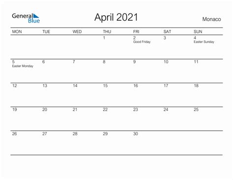 Printable April 2021 Monthly Calendar With Holidays For Monaco