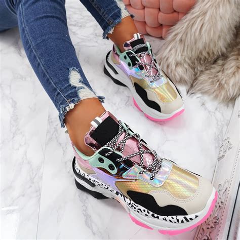 Womens Ladies Lace Up Shiny Chunky Trainers Animal Print Sneakers Shoes