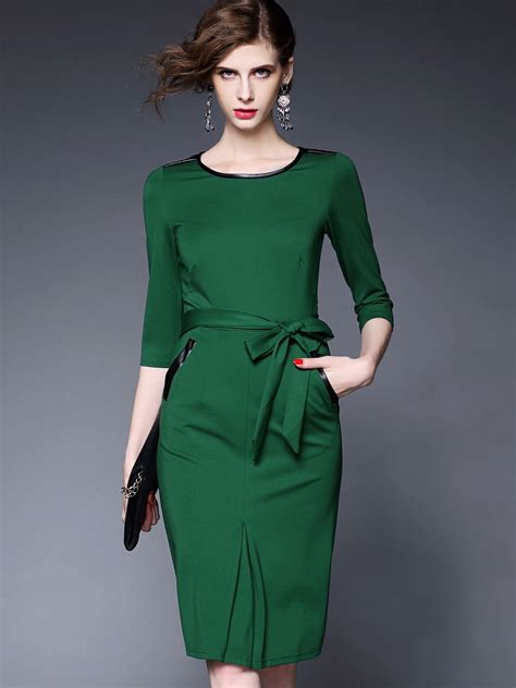 Shop Green Round Neck Length Sleeve Tie Waist Pockets Dress Online