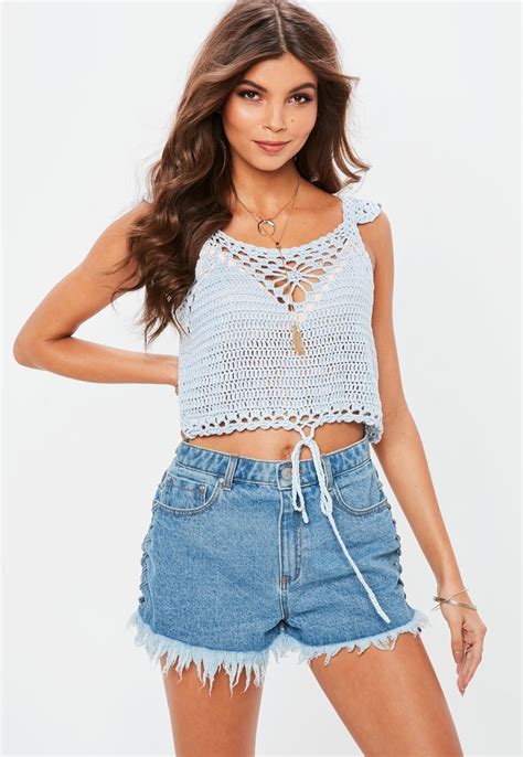 blue tie hem crochet knitted crop top missguided knit outfit sweaters for women knit crop top
