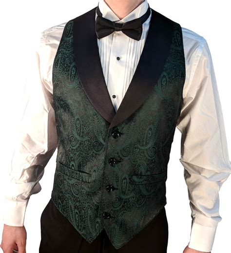 Mens Hunter Green Paisley Tuxedo Vest With Black Lapel And Black Bow